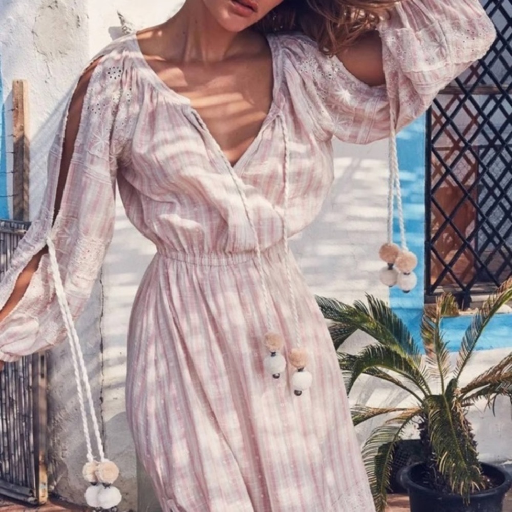 Loveshackfancy Isla Embroidered Pink Boho Pop Pom Midi Dress Size XXS